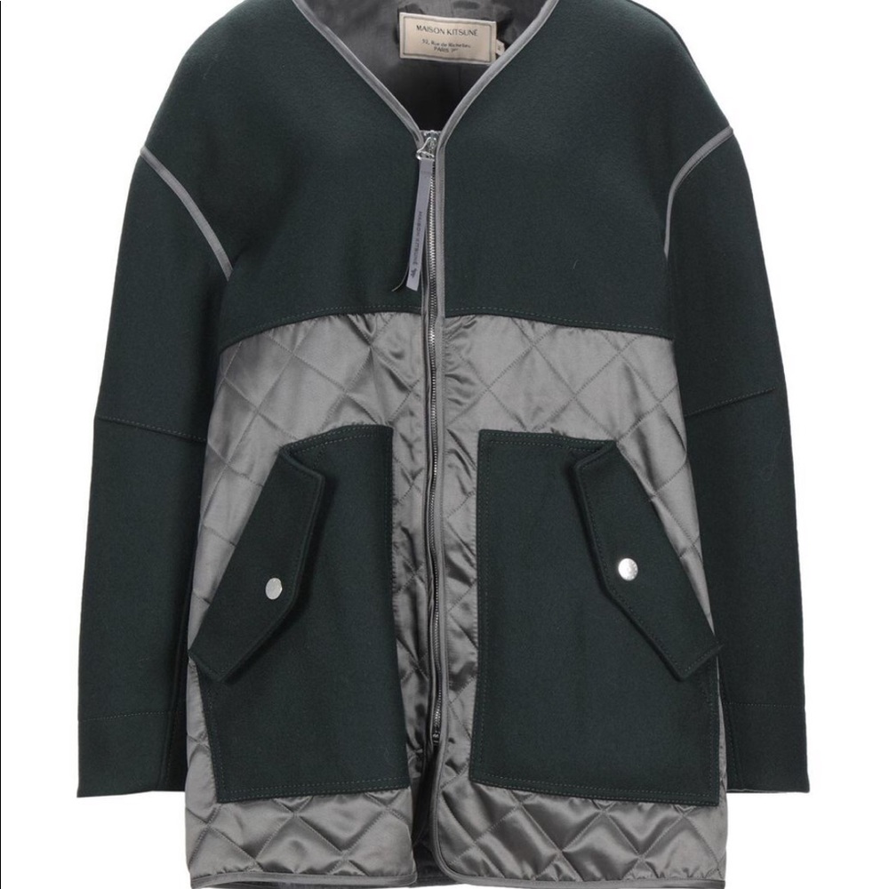 Maison Kitsune green wool satin puffer coat